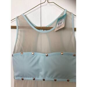 Irgus Swimwear 3111 Blue One Piece Nude Mesh Gold Accents Open Back New Small